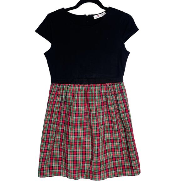 Vineyard Vines Girls Large 14 Black Red Tartan Plaid Short Sleeve Dress Holiday - Picture 1 of 10